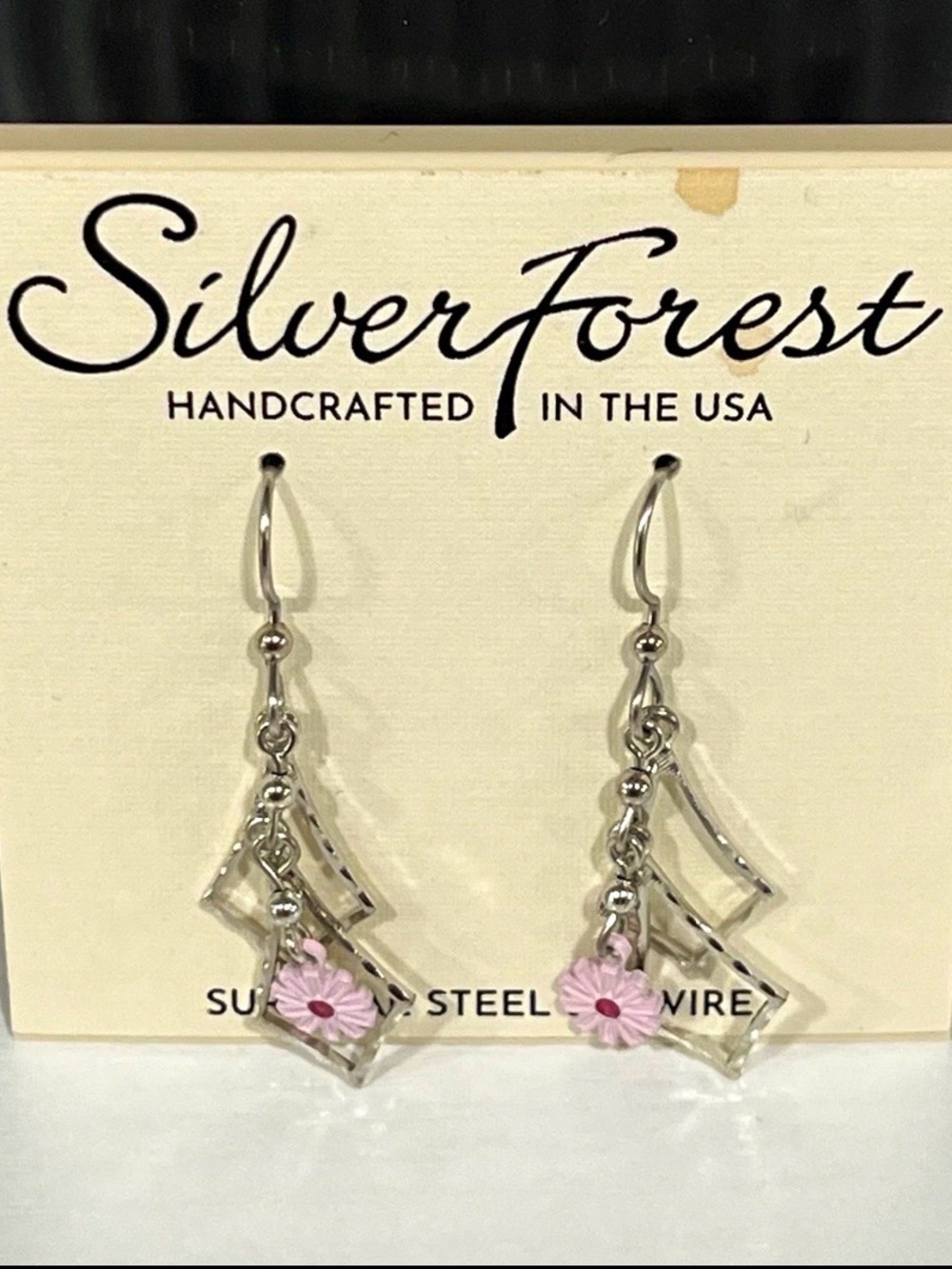 Silver Forest Handcrafted Surgical Steel Pink Flower Dangle Hook Earrings